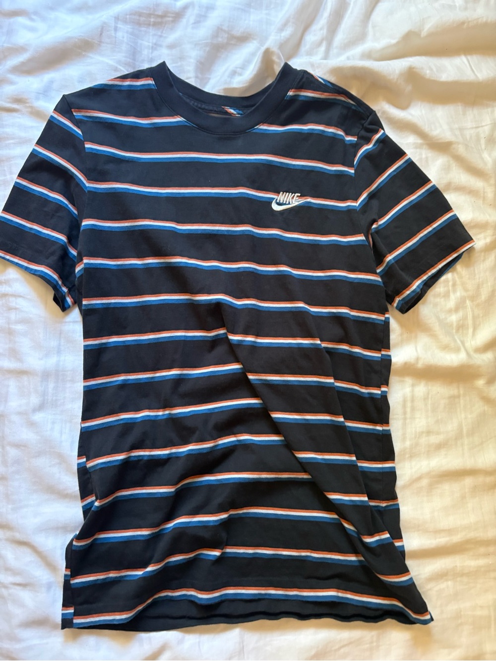 Nike Men’s Black Short-Sleeve Stripe Tee with Blue & Orange Accents
